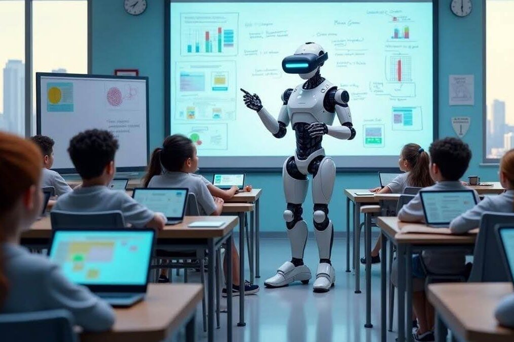 An imaginative scene where robots assist students in a modern, tech-enabled classroom.