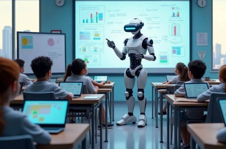 AI in Educatioin An imaginative scene where robots assist students in a modern, tech-enabled classroom.