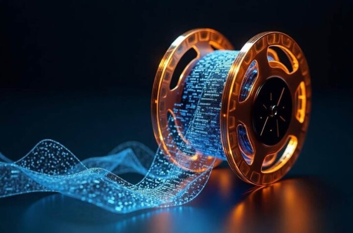 AI in the film industry A film reel unspooling into streams of binary code or neural network graphics, highlighting the fusion of traditional film and AI technology