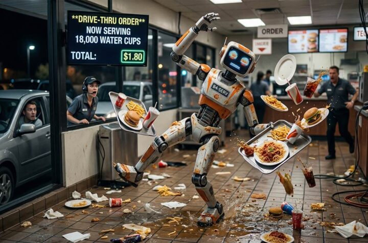 Dancing robot waiter spilling trays while a drive-thru screen shows "18,000 water cups"