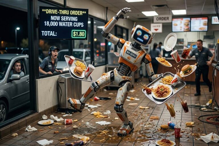 Dancing robot waiter spilling trays while a drive-thru screen shows "18,000 water cups"