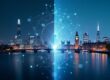 A futuristic AI city or glowing neural network — sleek and optimistic marketing imagery. A panoramic view of a London skyline with the Shard, Gherkin, or Big Ben, overlaid with digital or neural network motifs.