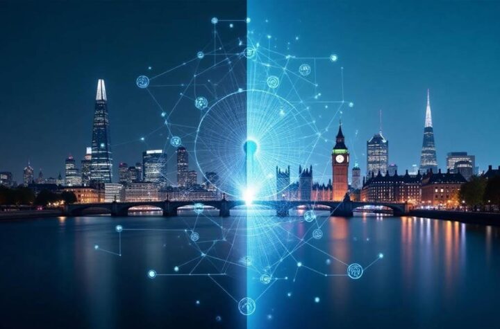 AI in the UK A futuristic AI city or glowing neural network — sleek and optimistic marketing imagery. A panoramic view of a London skyline with the Shard, Gherkin, or Big Ben, overlaid with digital or neural network motifs.
