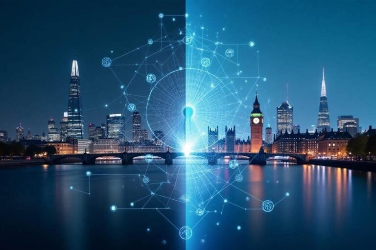 AI in the UK A futuristic AI city or glowing neural network — sleek and optimistic marketing imagery. A panoramic view of a London skyline with the Shard, Gherkin, or Big Ben, overlaid with digital or neural network motifs.