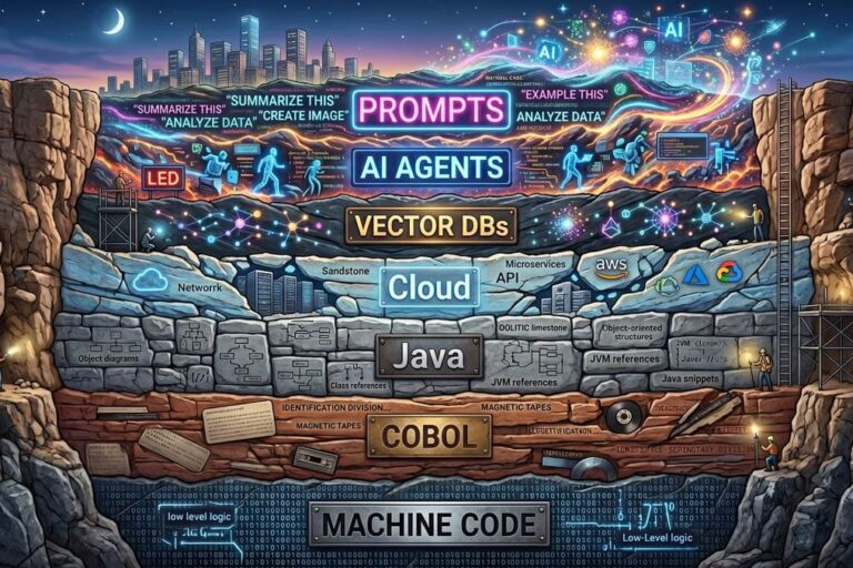 A geological cross-section of software eras: machine code, COBOL, Java, cloud, AI agents, prompts, vector DBs. All stacked like archaeological layers. At the top: chaotic glowing AI systems. At the bottom: old stable layers.