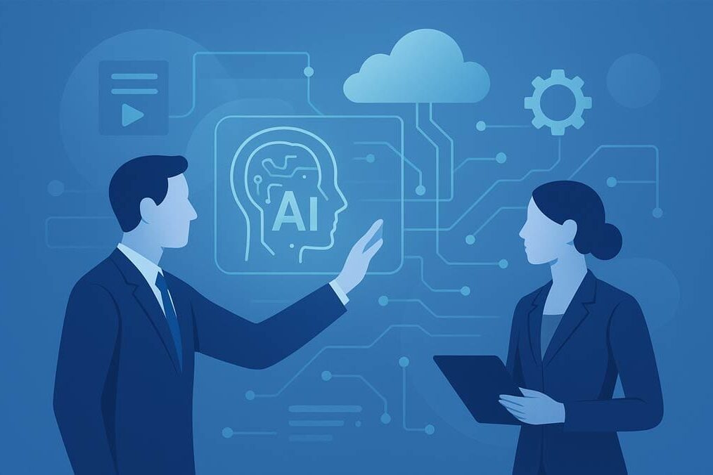 AI organisation and architecture Human silhouettes interacting with AI or holographic data. Cloud/network/gear motifs to represent infrastructure and orchestration. Digital pipelines or neural network-style lines connecting business units.