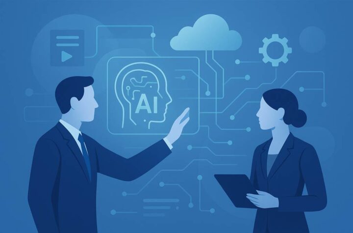 AI organisation and architecture Human silhouettes interacting with AI or holographic data. Cloud/network/gear motifs to represent infrastructure and orchestration. Digital pipelines or neural network-style lines connecting business units.