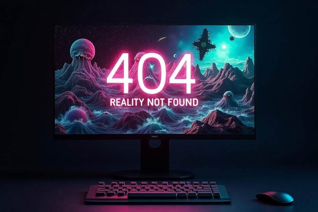 A computer monitor displaying a “404 Reality Not Found” error, with hallucinatory images spilling out of the screen.