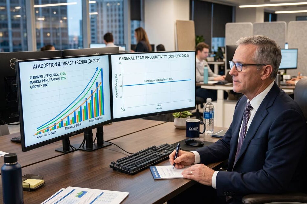 An executive sitting at a desk with a large “AI” chart on one monitor and a flat productivity graph on another.