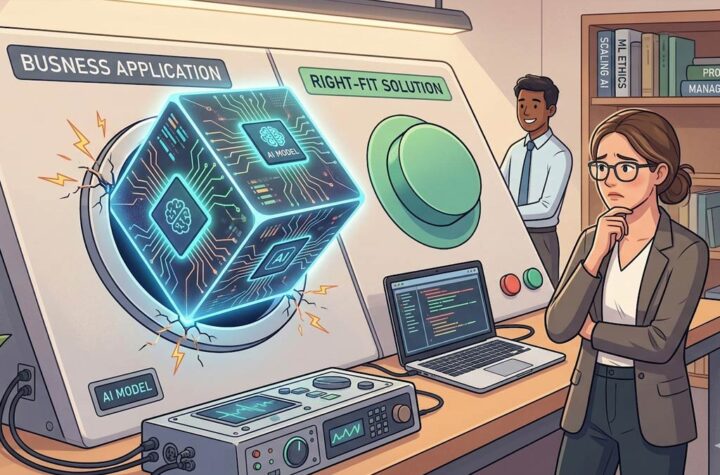 A physical 'square peg' labeled 'AI MODEL' (complete with circuit board patterns and data symbols) that is being jammed and failing to fit into a large, circular 'BUSINESS APPLICATION' slot on a control panel. Small sparks and visual stress fractures show the incompatibility.