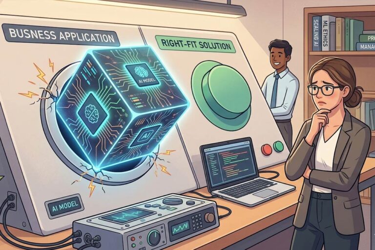 A physical 'square peg' labeled 'AI MODEL' (complete with circuit board patterns and data symbols) that is being jammed and failing to fit into a large, circular 'BUSINESS APPLICATION' slot on a control panel. Small sparks and visual stress fractures show the incompatibility.