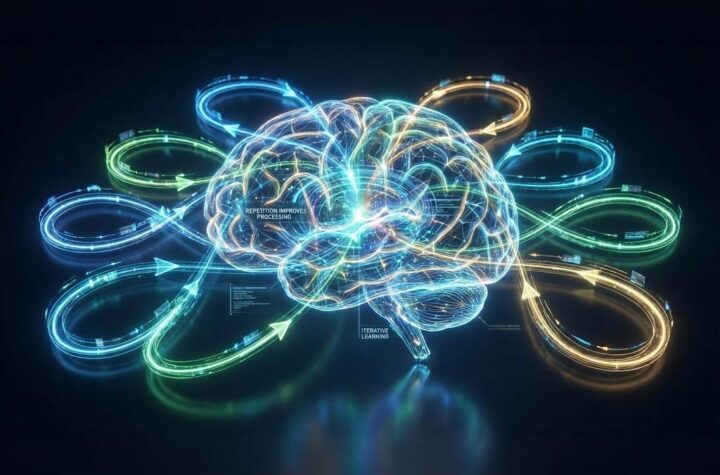 Neural network or abstract AI brain with loops or arrows going over the same path twice, showing repetition improving processing.