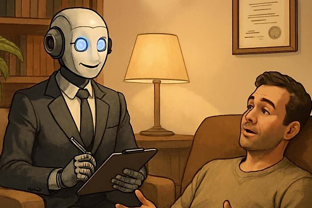 A humanoid robot talking to a patient on a couch and taking notes.
