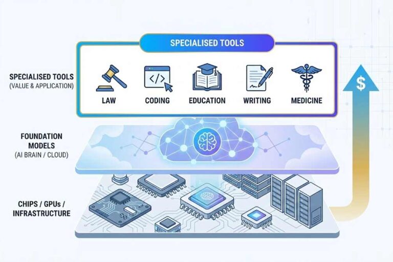 A clean, modern graphic showing layers of the AI ecosystem. Chips and GPUs. Infrastructure, Foundation models. Specialised tools for law, coding, education, writing, medicine.