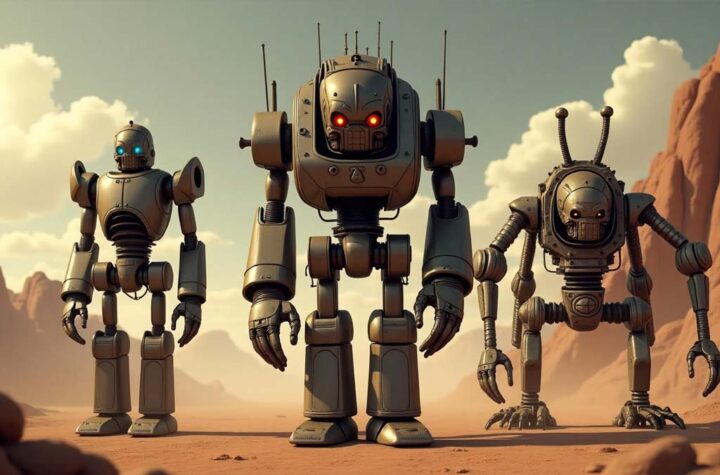 AI The Good The Bad and the Ugly 3 Mechanoid Robots in a western scene lined up.