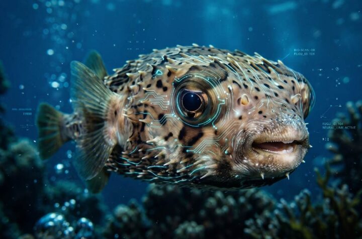 catch-of-the-day Fugu fish close-up with a minimal tech overlay. A high-quality pufferfish / fugu photo subtle AI circuit or neon accents added.