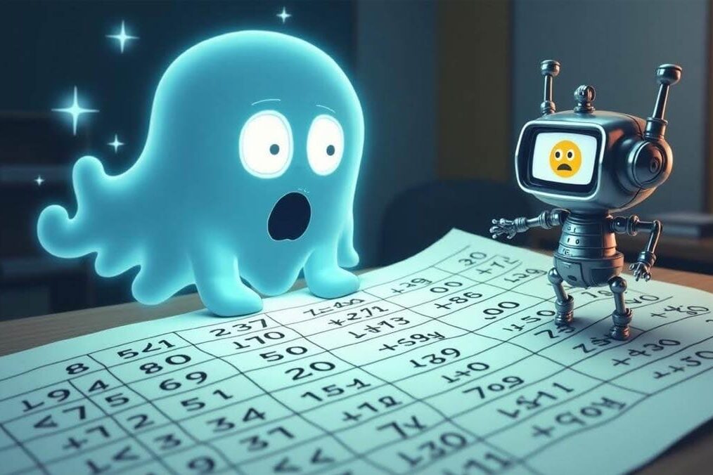 A cartoon ghost or floating robot with a surprised expression looming over a set of formulas, hinting at “haunted” calculations or “exorcising” Copilot.