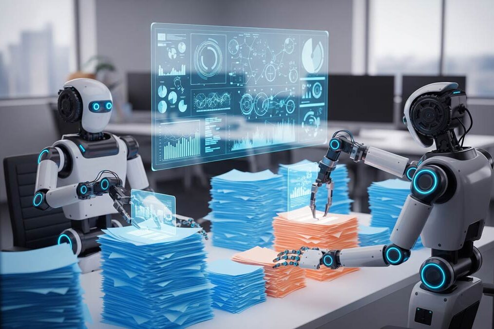 2 Robots or digital avatars sorting or analysing stacks of digital files at a desk with stacks of digital 'paper', hinting at automation.