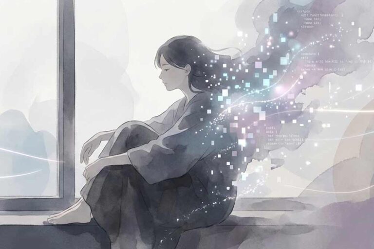 A soft, minimalist illustration or photo of a person fading into digital elements — pixels, light trails, or floating data fragments.