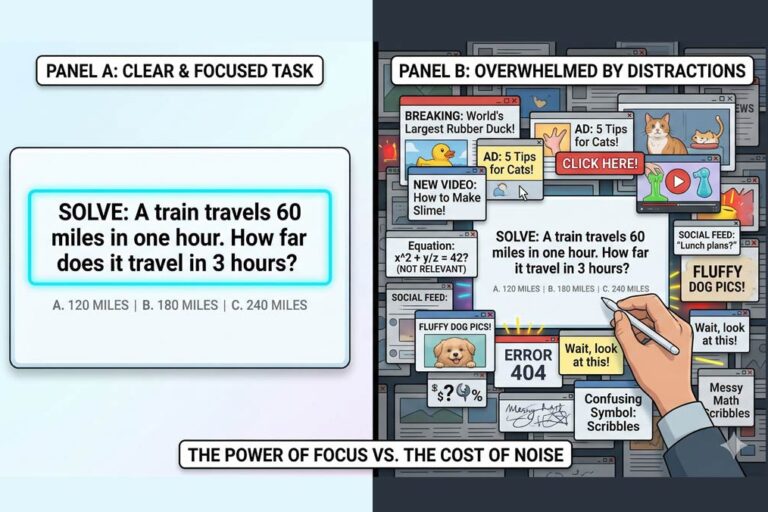 A clean prompt box or document with one highlighted instruction in the center, while irrelevant text floats around the edges like visual noise.