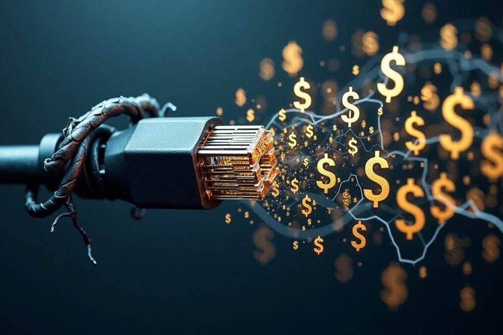 Economics of AI An abstract image of a tangled network cable morphing into a circuit covered in dollar signs, illustrating the complicated and expensive nature of AI support.