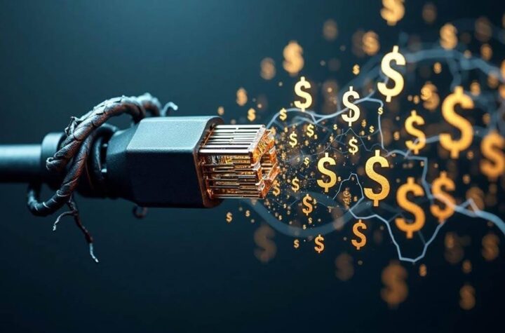 Economics of AI An abstract image of a tangled network cable morphing into a circuit covered in dollar signs, illustrating the complicated and expensive nature of AI support.