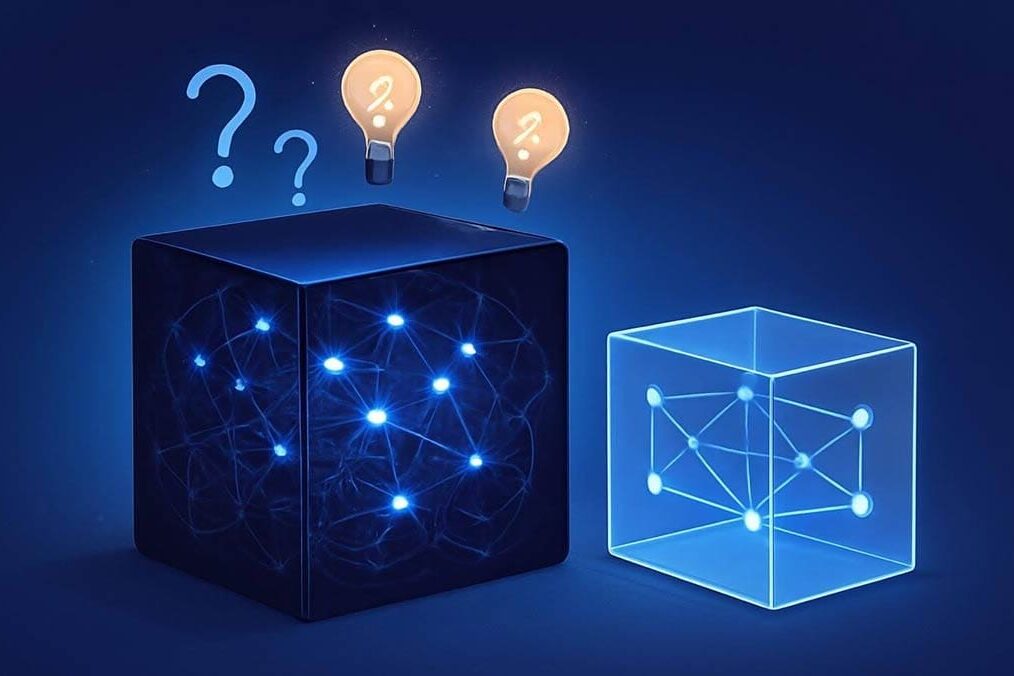 A sleek, futuristic black box with glowing lights and tangled wires going in/out.