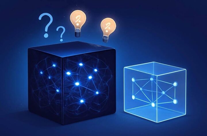 Explainability in ai A sleek, futuristic black box with glowing lights and tangled wires going in/out.