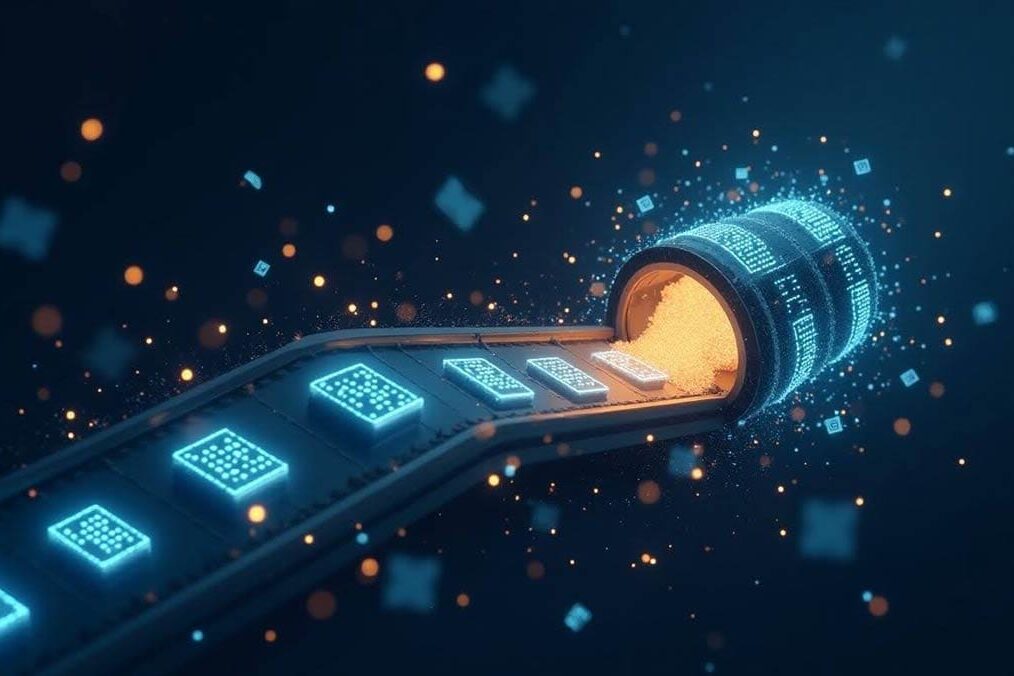 Garbage In, Garbage Out – The Importance of Training Data for LLMs A conveyor belt feeding bright, clean, polished code or data blocks into a sophisticated machine or brain, with low-quality or damaged blocks filtered out or falling away.