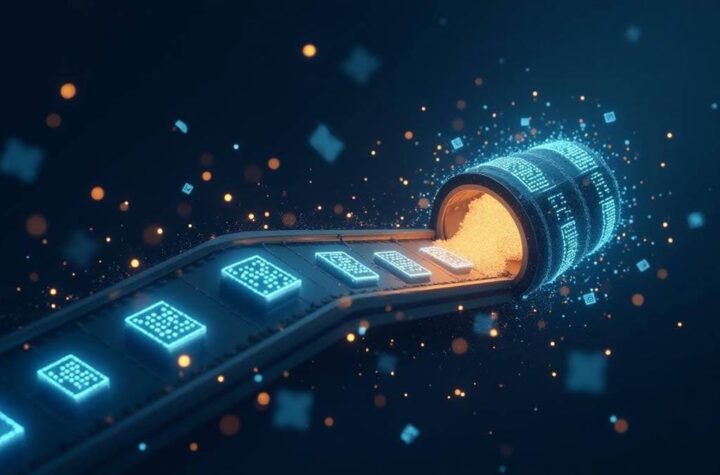 Garbage In, Garbage Out – The Importance of Training Data for LLMs A conveyor belt feeding bright, clean, polished code or data blocks into a sophisticated machine or brain, with low-quality or damaged blocks filtered out or falling away.