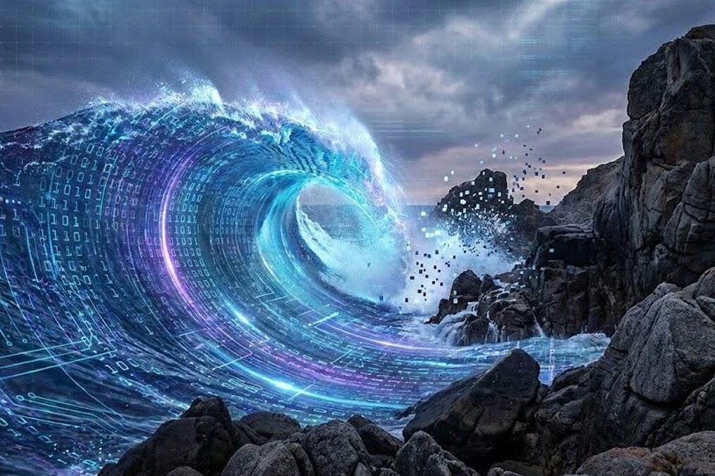 Generative AI Meets The Rocks of Reality A massive, glowing, digital "ocean wave" (made of binary code, matrix rain, or circuit lines) crashing violently against dark, jagged, realistic stone rocks. The wave should look powerful but is breaking apart upon impact.
