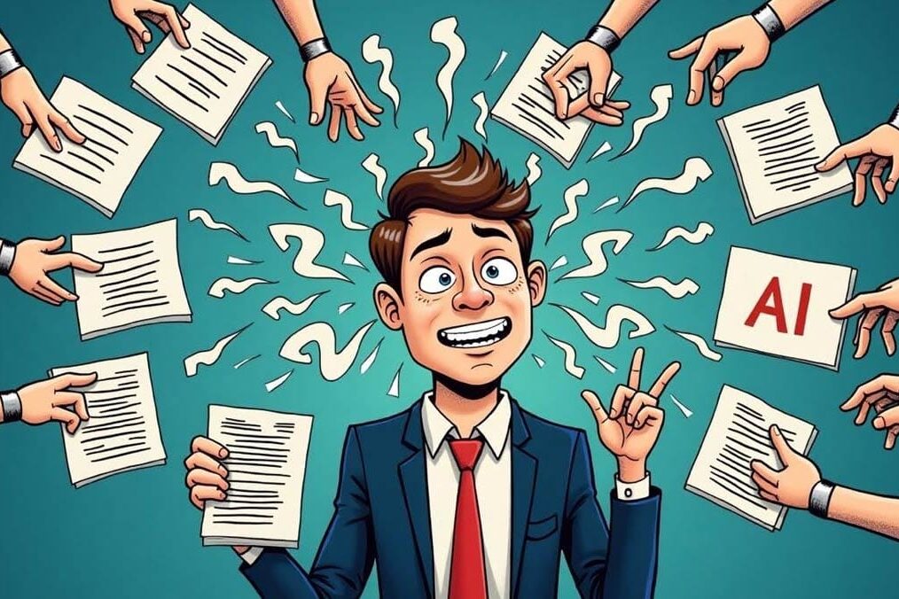 How productive is AI? An illustration or cartoon showing a businessperson or worker overwhelmed by a chaotic flood of robot hands, digital screens, or AI-generated documents, with “AI” symbols swirling around their head. Representing fatigue, overload, and confusion.