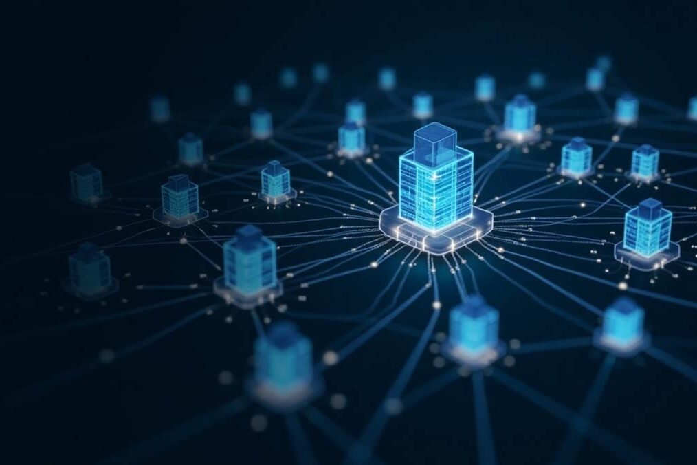 Connected servers in a grid connecting to a central master indicating datamanagement.