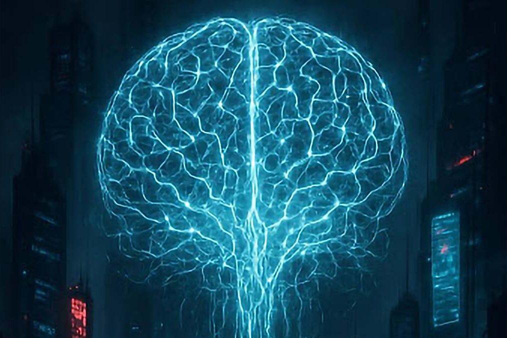 Is AI an existential threat? A huge brain made of light in a dark dystopian cityscape.