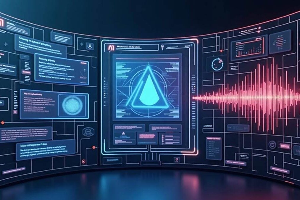 Multi Modal AI A split-screen illustration showing AI interacting with different media types: Left side showing text-based chat, middle showing an image being analyzed, right showing audio waves or sound input.
