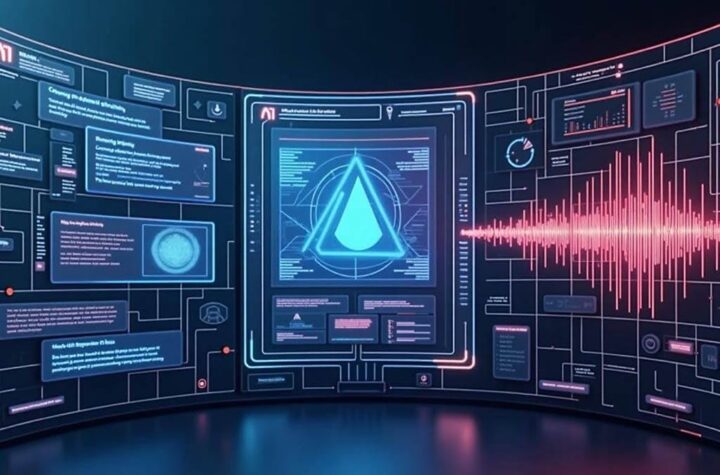 Multi Modal AI A split-screen illustration showing AI interacting with different media types: Left side showing text-based chat, middle showing an image being analyzed, right showing audio waves or sound input.