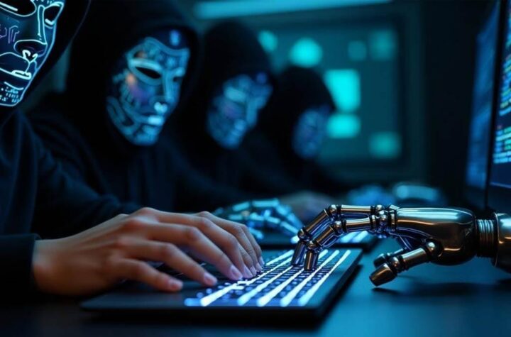 Multiple hands (human and robotic) typing on a keyboard with shadowy hacker figures or digital masks in the background, emphasising the collaborative nature of IA hacking.