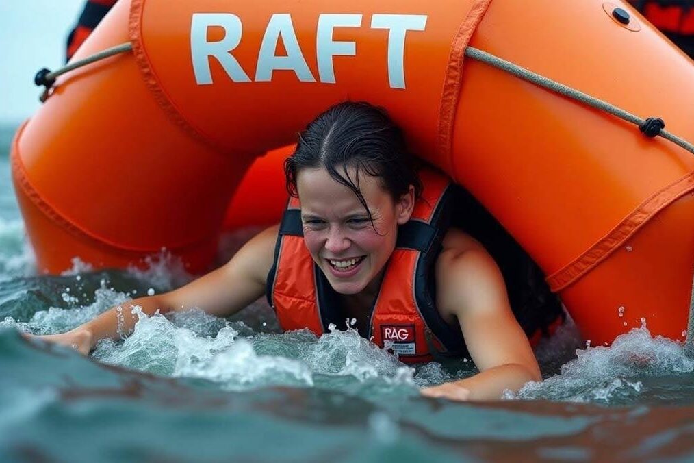 RAGs to RFTs A life raft at sea labelled "RAFT" is helping a struggling swimmer.