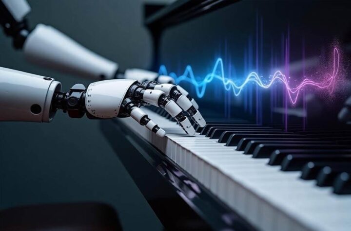 A robot hand playing a piano, with digital sound waves rising from the keys.