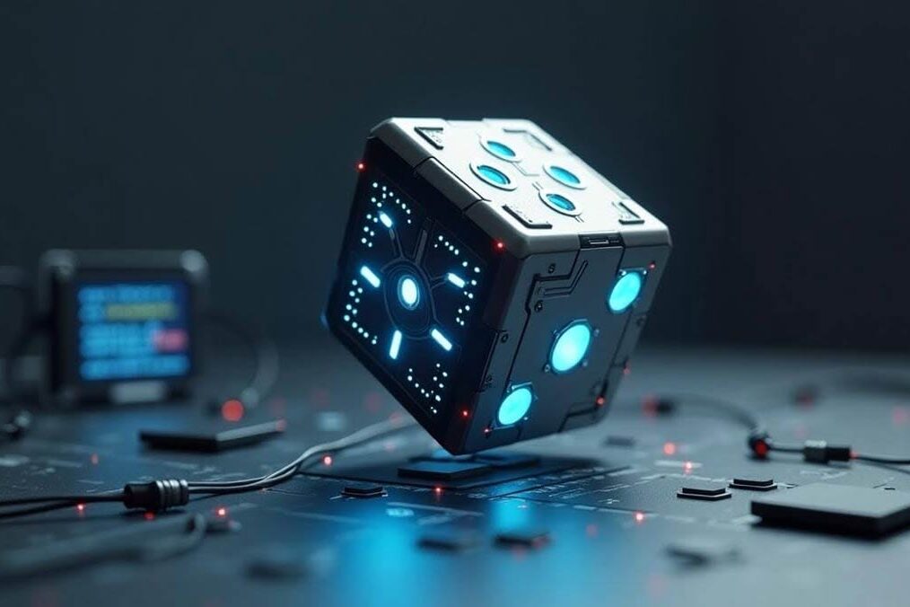 Rolling the Dice with LLMs A futuristic dice with metallic surfaces and glowing blue circuits is rolling on a sleek, high-tech surface, surrounded by wires and microchips,.