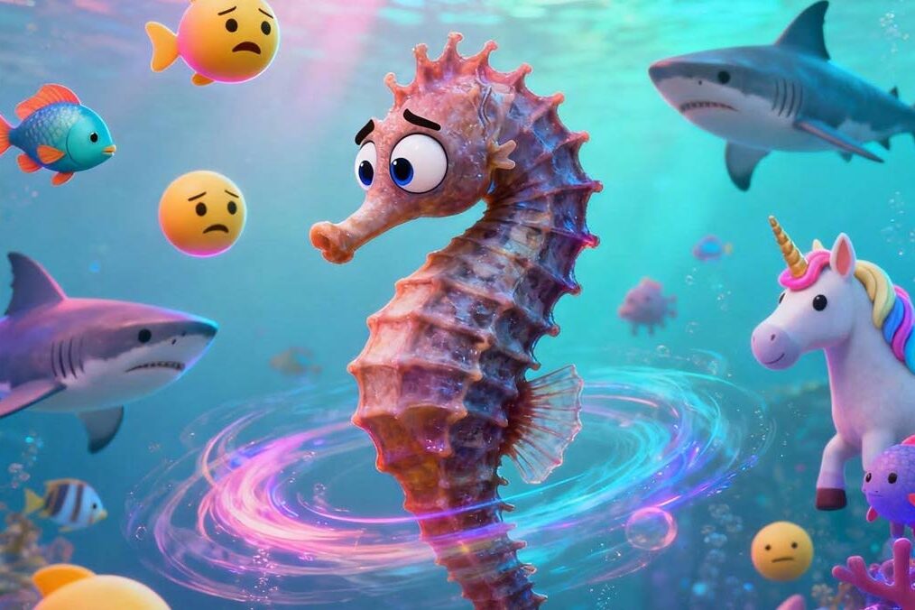 Seahorses and AI Seahorse surrounded by floating emoji options. The seahorse look confused, surrounded by fish, unicorns, sharks, and other emojis, highlighting the “hallucination” problem.