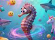 Seahorse surrounded by floating emoji options. The seahorse look confused, surrounded by fish, unicorns, sharks, and other emojis, highlighting the “hallucination” problem.
