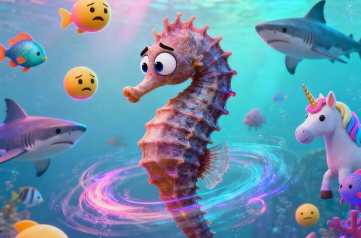 Seahorses and AI Seahorse surrounded by floating emoji options. The seahorse look confused, surrounded by fish, unicorns, sharks, and other emojis, highlighting the “hallucination” problem.