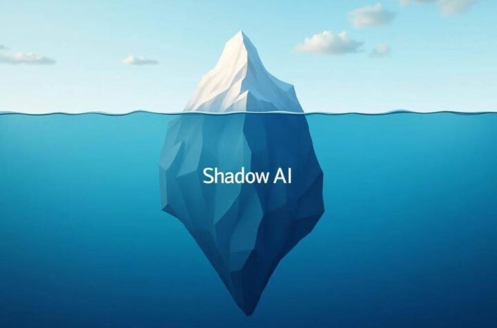 Shadow AI An iceberg where only a small tip is visible above water with a much larger hidden base below, representing visible versus shadow AI.