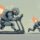 Depict a massive, muscular robot huffing and puffing on a treadmill, burning lots of energy, while a much smaller, nimble robot (“Small Efficient LLM”) zips past on roller skates, easily outpacing its bigger counterpart. Caption: Sometimes smaller runs smarter.