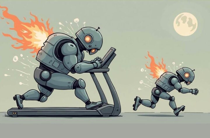 Depict a massive, muscular robot huffing and puffing on a treadmill, burning lots of energy, while a much smaller, nimble robot (“Small Efficient LLM”) zips past on roller skates, easily outpacing its bigger counterpart. Caption: Sometimes smaller runs smarter.
