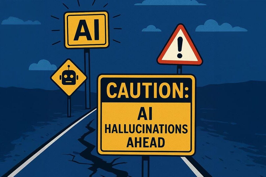 Tales from the AI Frontier A humanoid robot confidently points the wrong way at a crossroads sign that clearly shows “Success” in one direction and “Failure” in the other.