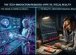 A two sided image, on the left side: glowing AI visuals of neon circuits, futuristic interface, robots, data streams, on the right side: grounded financial reality charts going flat/down, spreadsheets, cash burn and a person looking concerned at a laptop.