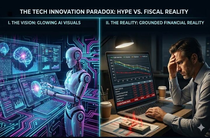A two sided image, on the left side: glowing AI visuals of neon circuits, futuristic interface, robots, data streams, on the right side: grounded financial reality charts going flat/down, spreadsheets, cash burn and a person looking concerned at a laptop.