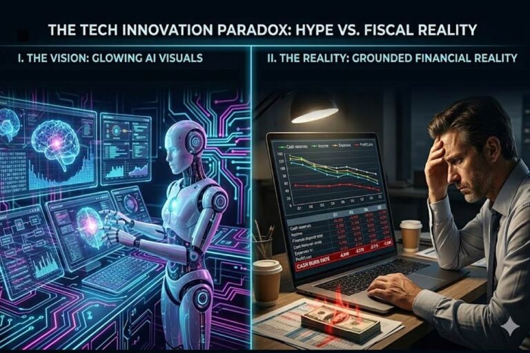 A two sided image, on the left side: glowing AI visuals of neon circuits, futuristic interface, robots, data streams, on the right side: grounded financial reality charts going flat/down, spreadsheets, cash burn and a person looking concerned at a laptop.